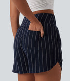 Short casual taille haute ourlet arrondi rayures avec poches