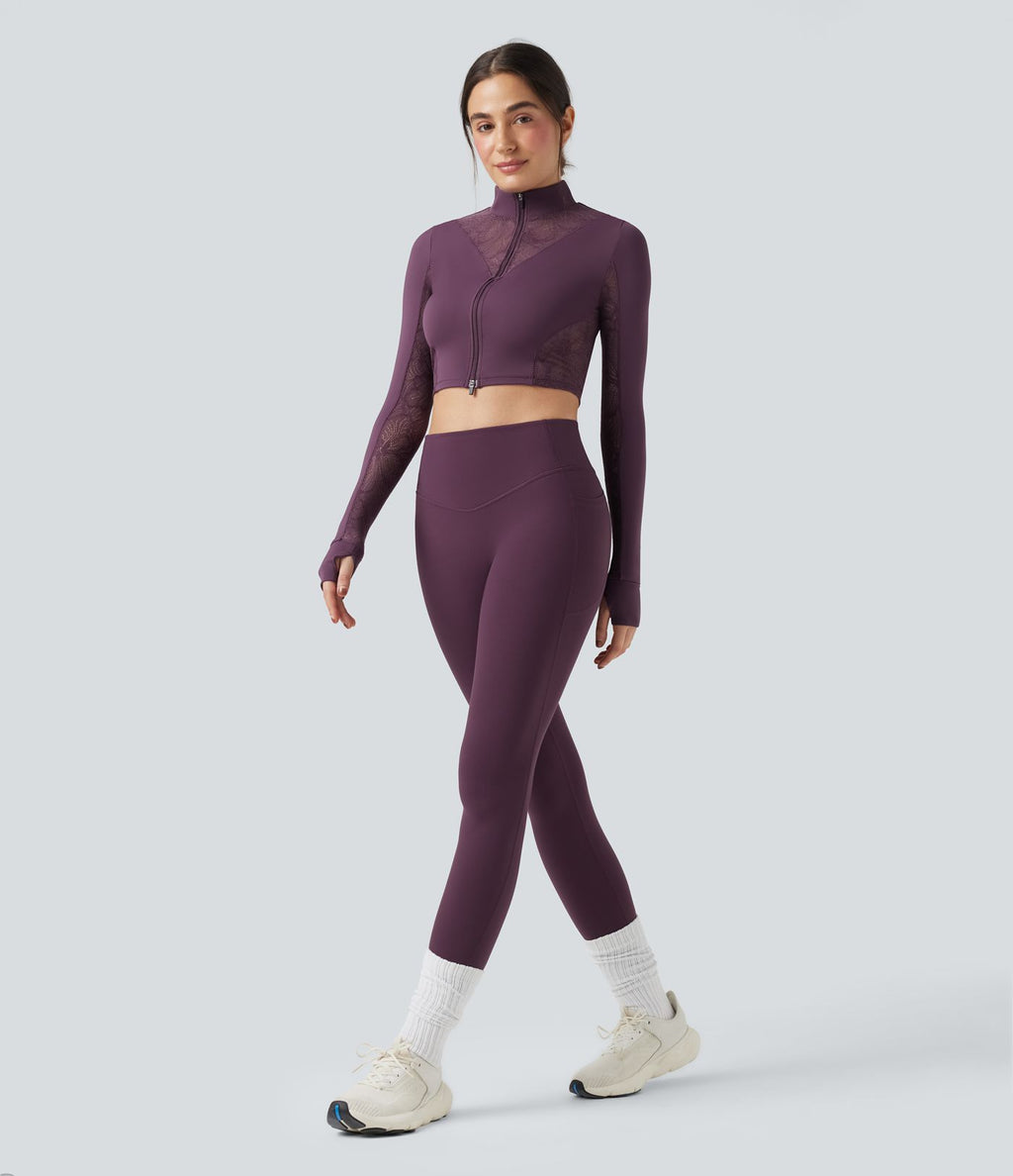 Veste de yoga SoftlyZero™ dentelle contrastante double zip à trous pouces - UPF50+