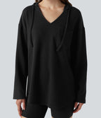 Sweat-shirt à capuche gaufré cordon de serrage manches longues ourlet arrondi avec poche