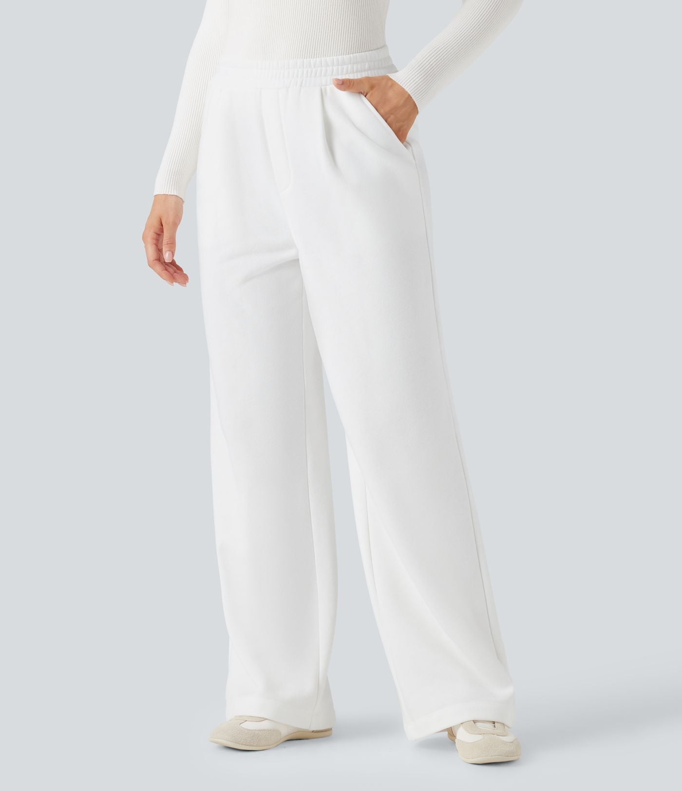 Pantalon jogging tailleur polaire coupe droite taille haute avec poches