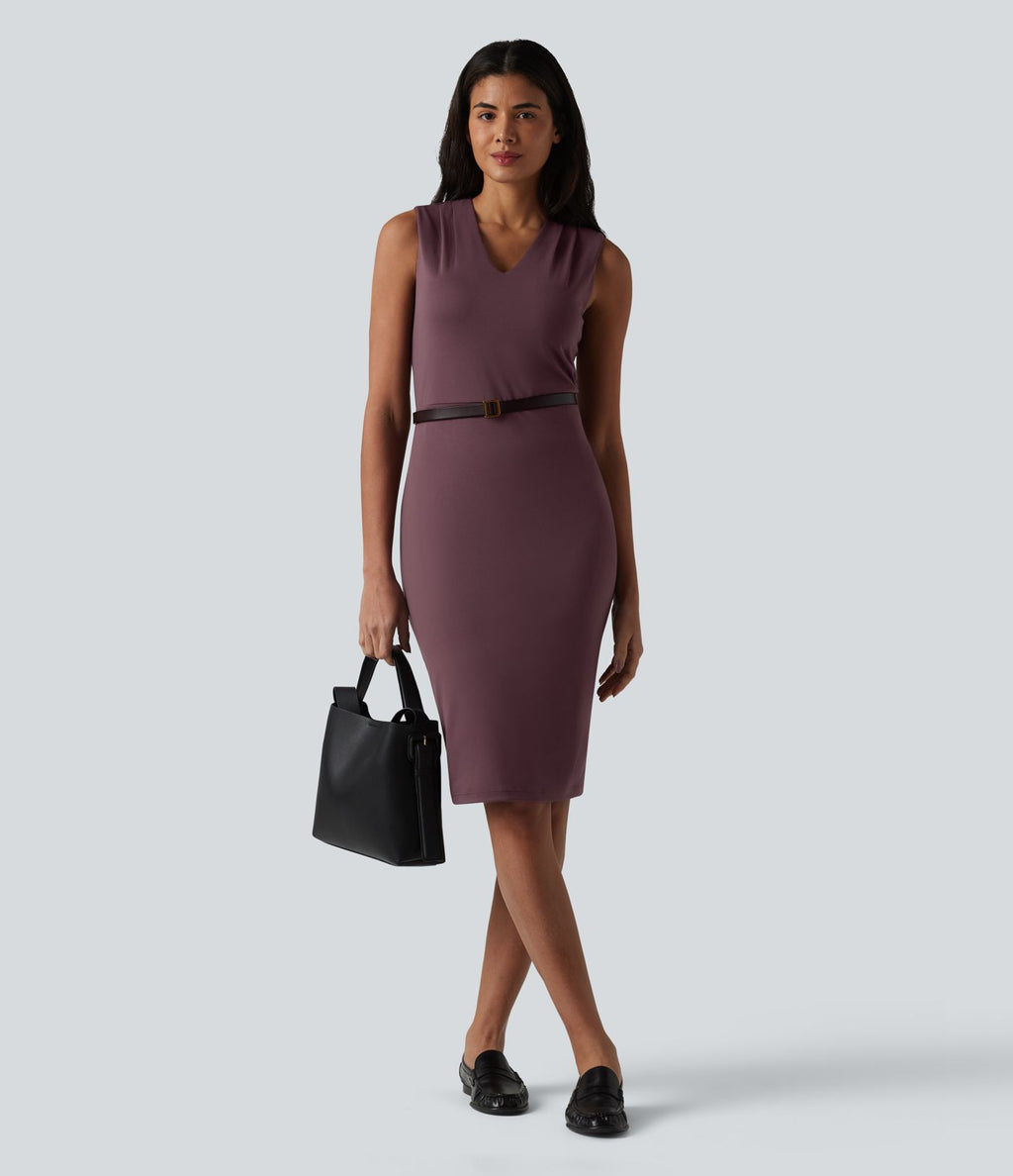 Robe midi tailleur sans manches col V ventre plat avec gainant intégré