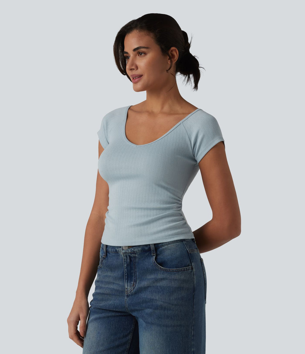 T-shirt col V manches courtes avec fronces