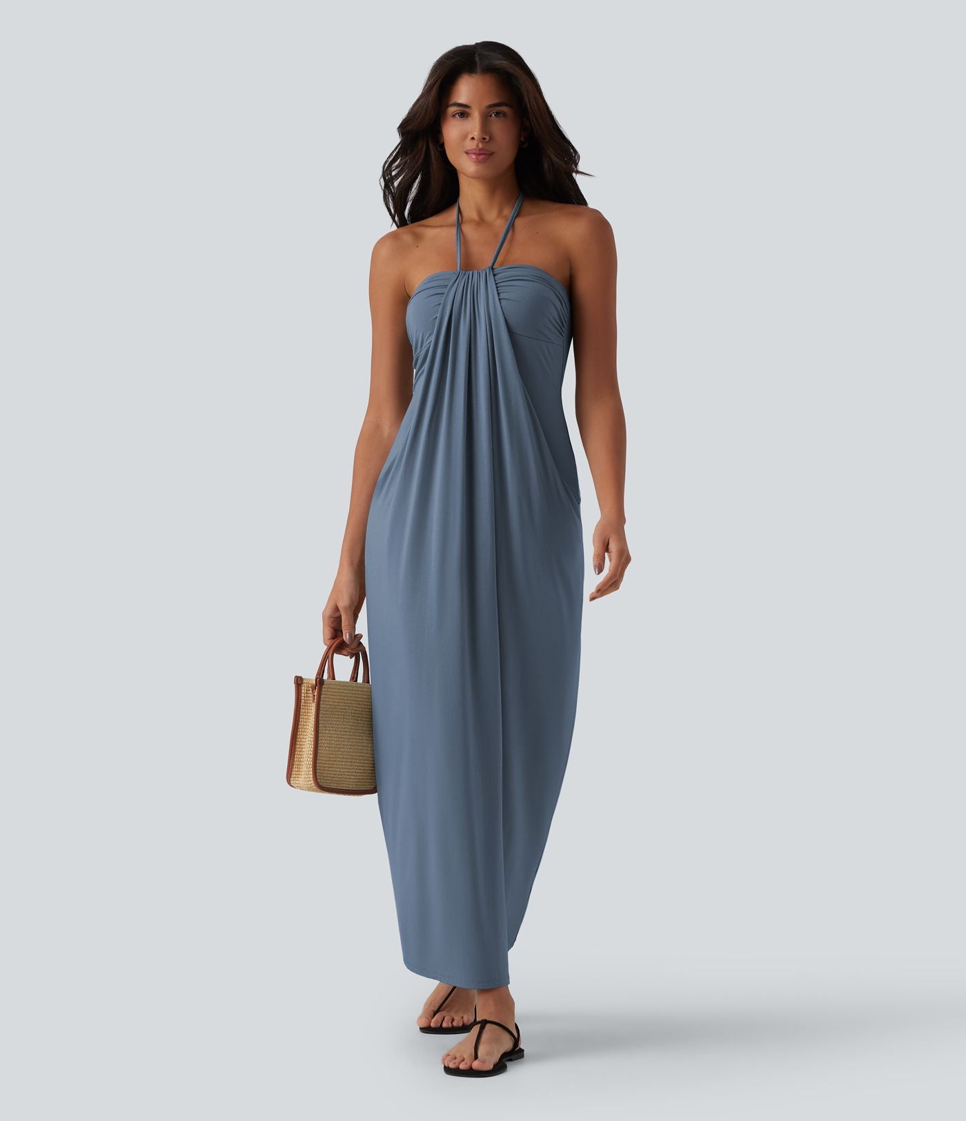 Robe longue dos nu col licou avec nœud et poches