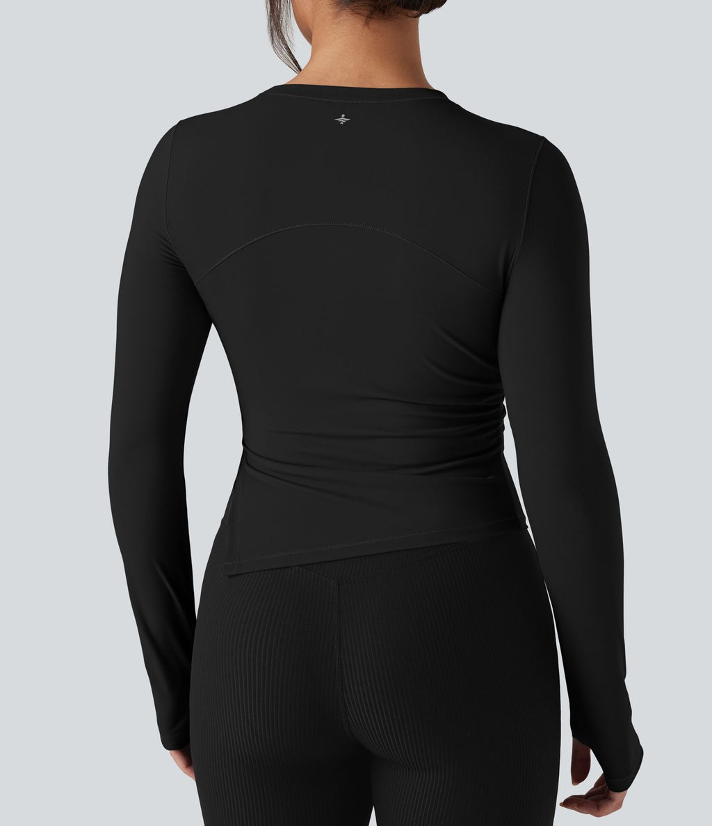 Top de sport yoga col rond ourlet asymétrique fendu manches longues avec trous pouces