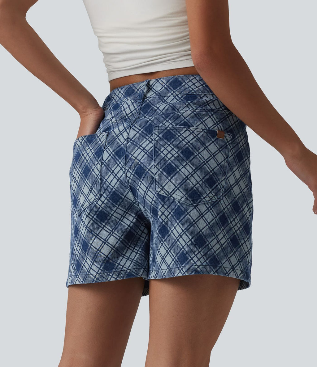 Short décontracté en denim à carreaux Halara Flex™ taille mi-haute 10 cm avec poches