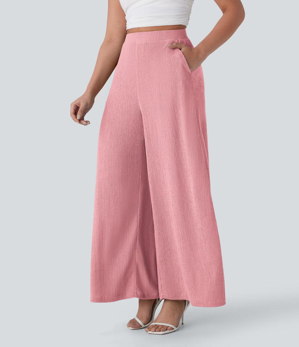 Pantalon décontracté fluide jambe large taille haute avec poches latérales
