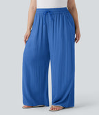 Pantalon décontracté grande taille large fluide taille haute effet lin avec cordon de serrage et poches