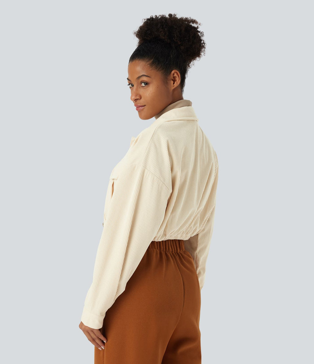Veste Casual en Velours Côtelé à Boutons Poches Col Court