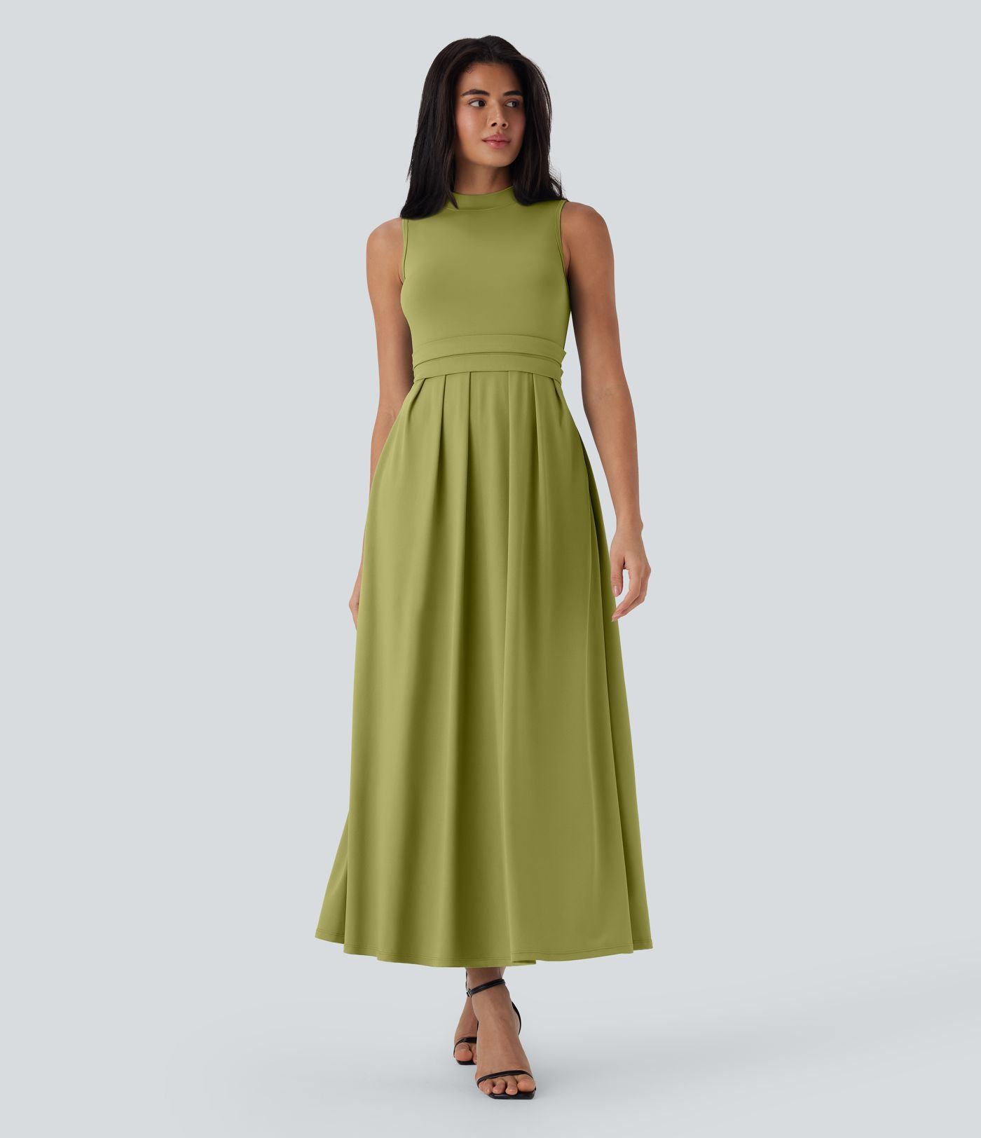 Robe longue décontractée sans manches à col montant, coupe évasée et poches latérales