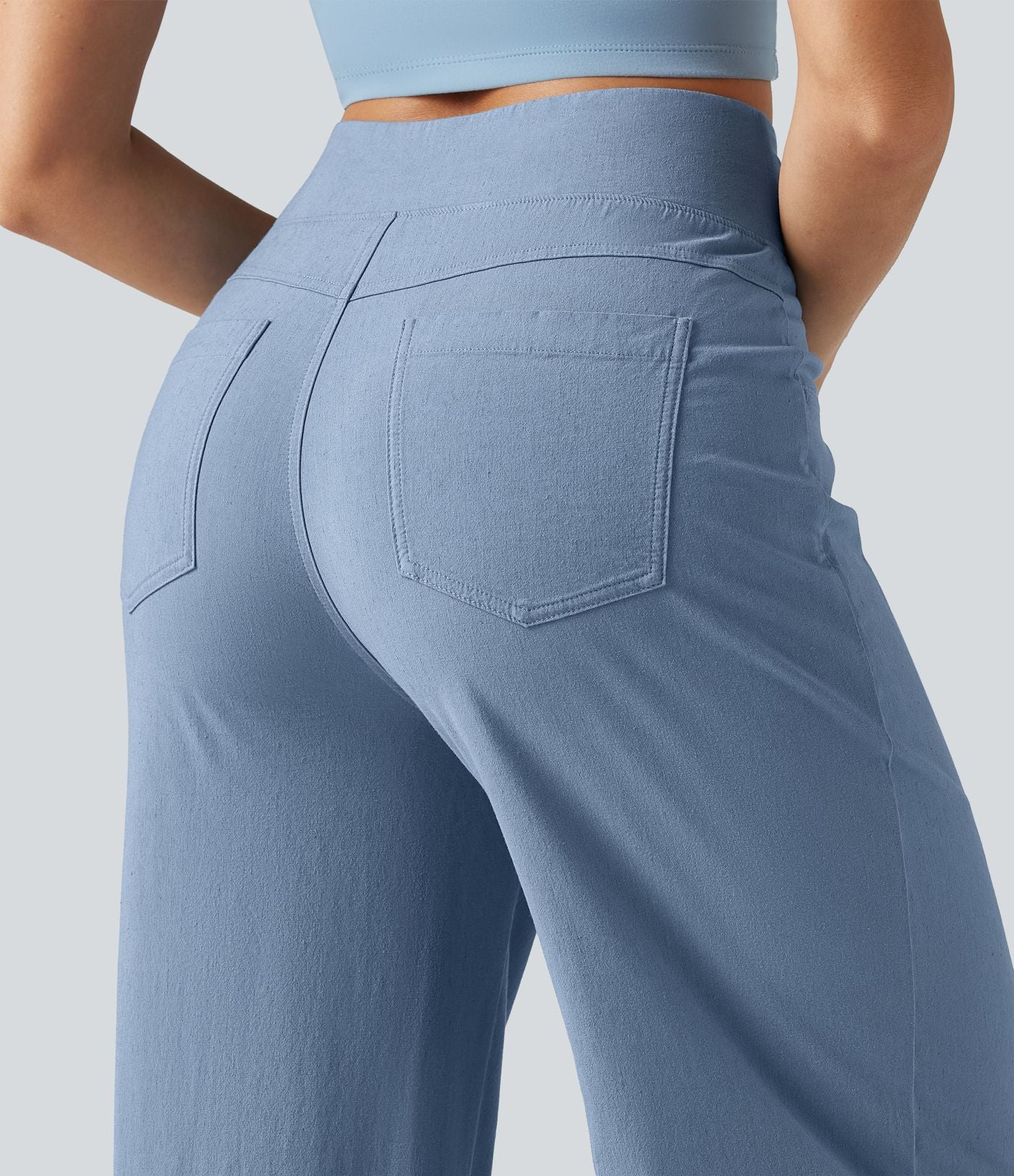Pantalon large fluide décontracté en lin stretch taille haute gainant avec poches