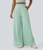 Pantalon décontracté micro gaufré jambe large taille haute avec poches