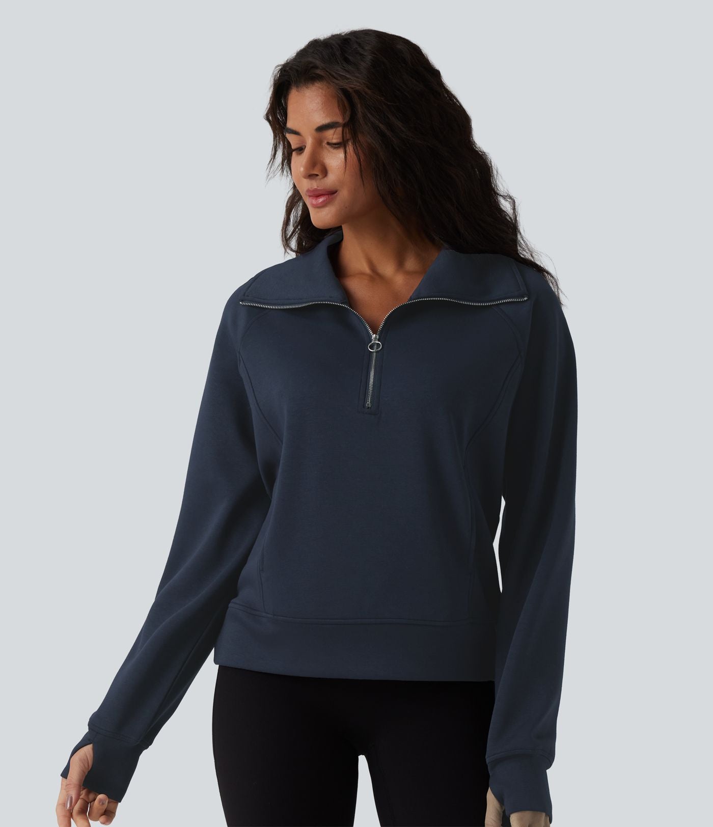 Sweat-shirt décontracté col revers demi-zip manches longues avec trous pour pouces et poches