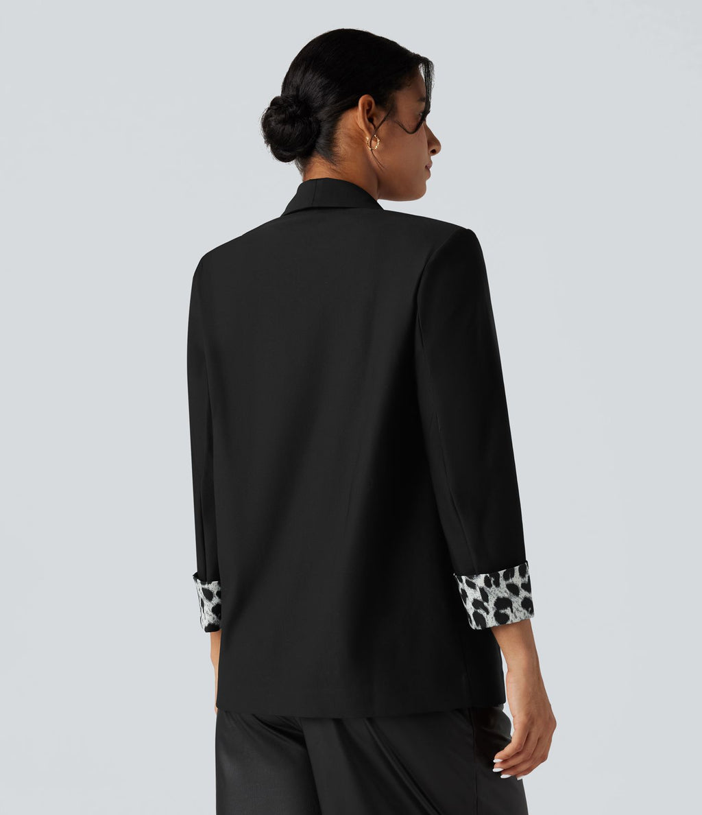 Blazer tailleur sergé imprimé léopard col tailleur manches longues avec poches