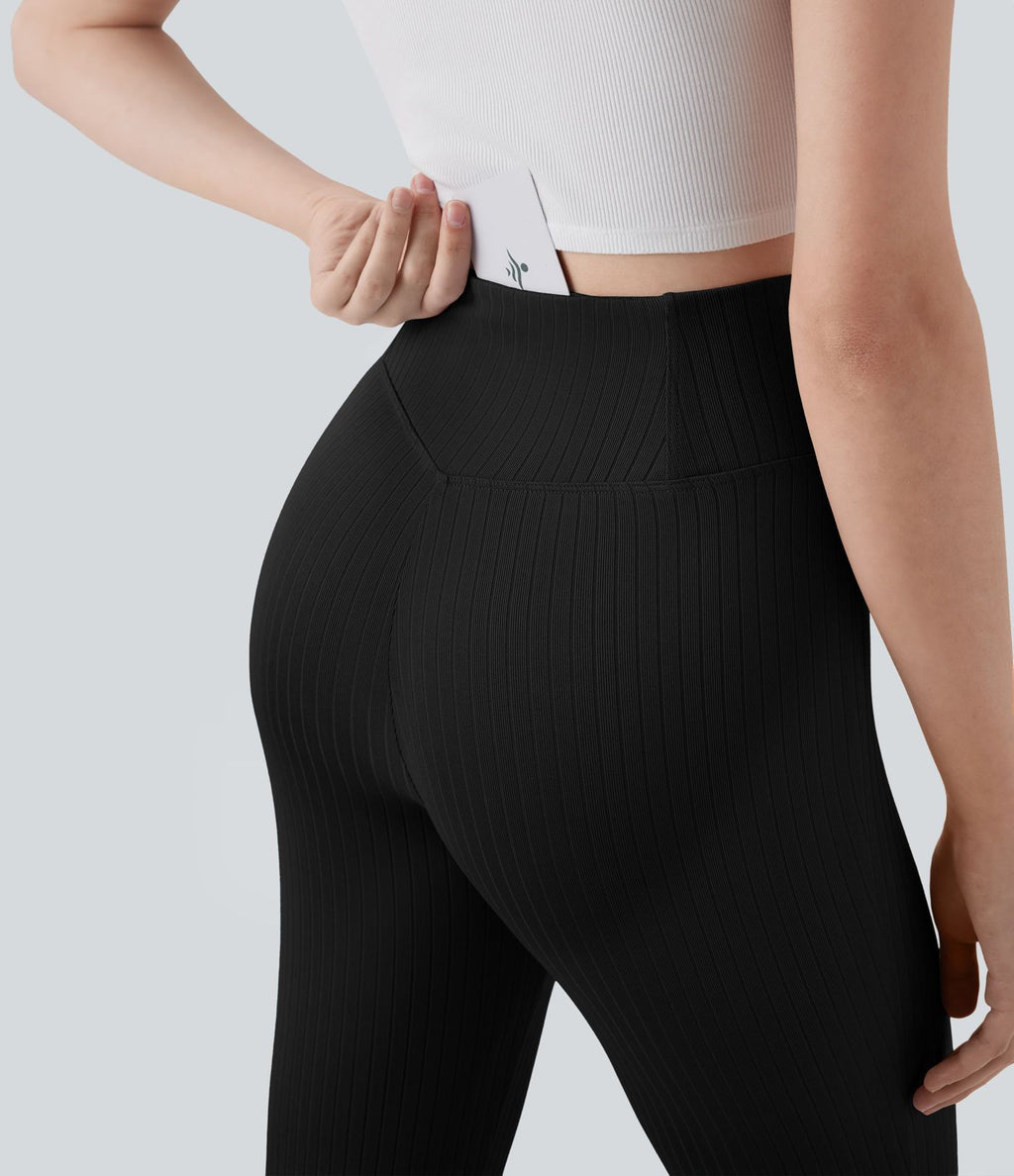 Pantalon large fluide côtelé à taille haute croisée avec poche arrière