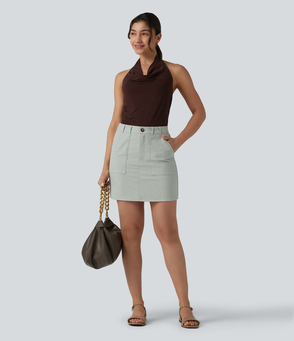 Jupe mini bureau taille haute en lin mélangé avec poches