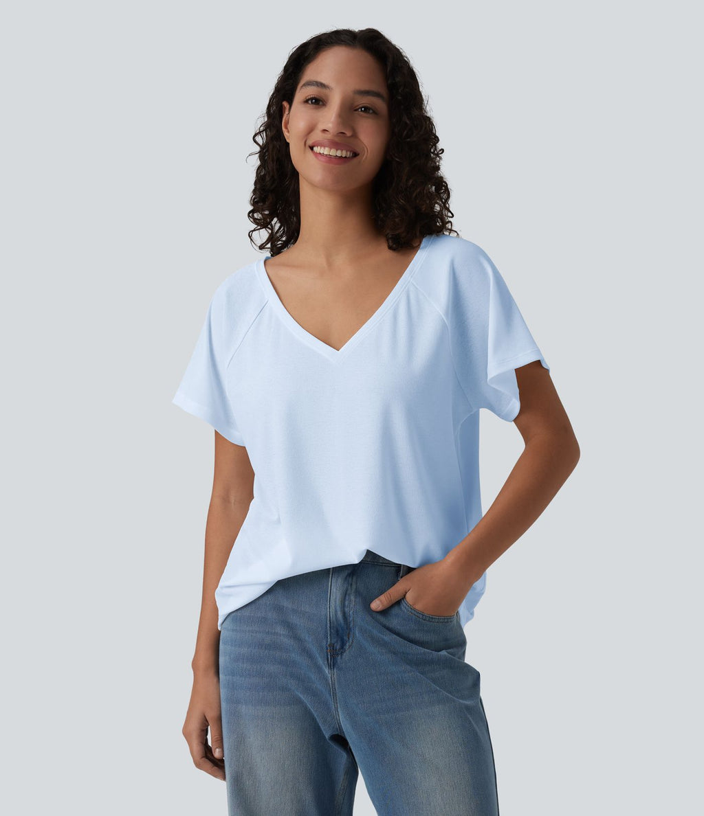 T-shirt casual col V manches raglan courtes coupe ample