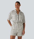 Combinaison-chemise décontractée rayée à manches courtes avec poches