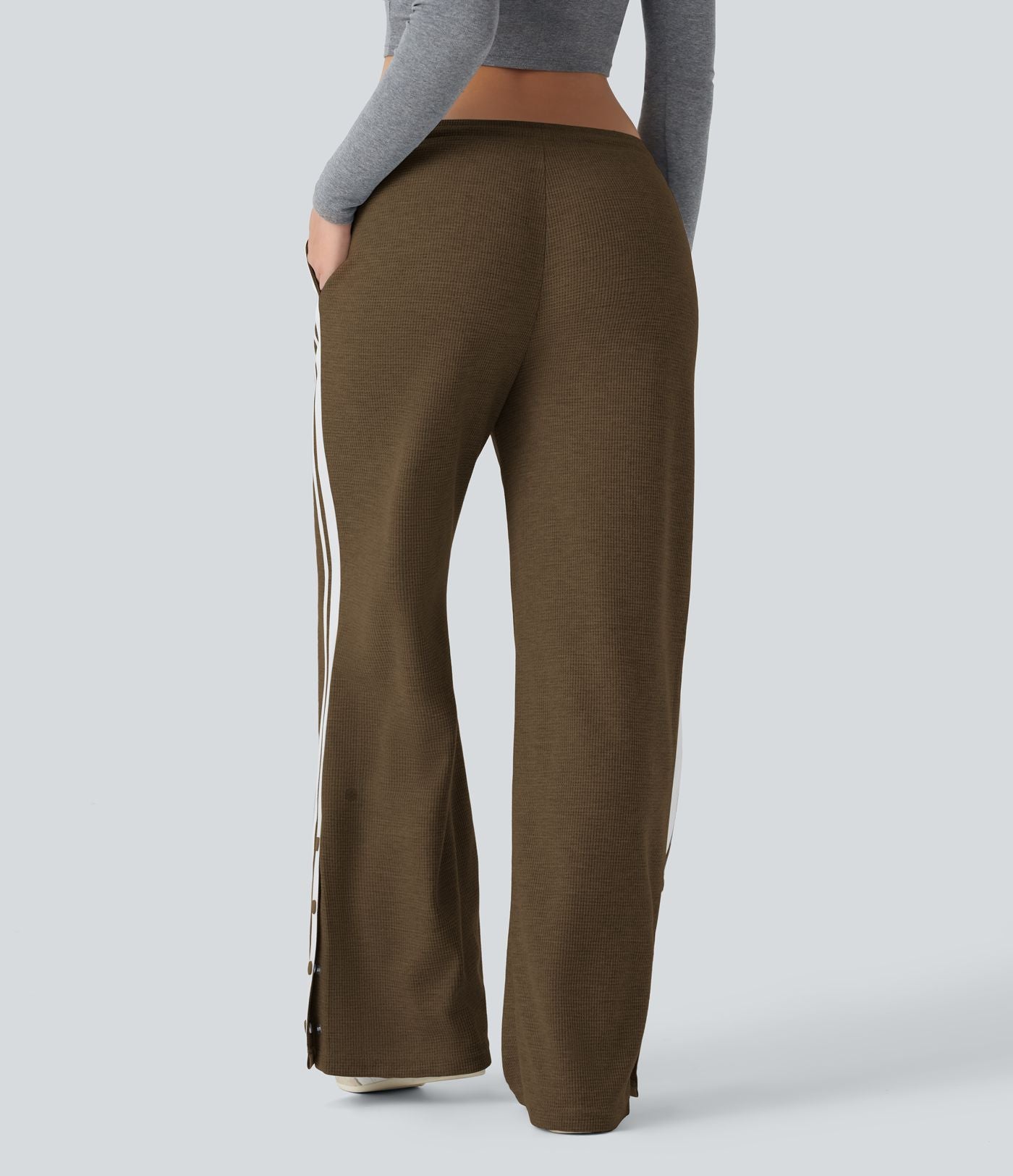 Pantalon jogging décontracté large taille basse à cordon en gaufre à blocs de couleurs avec boutons-pression fendus et poches