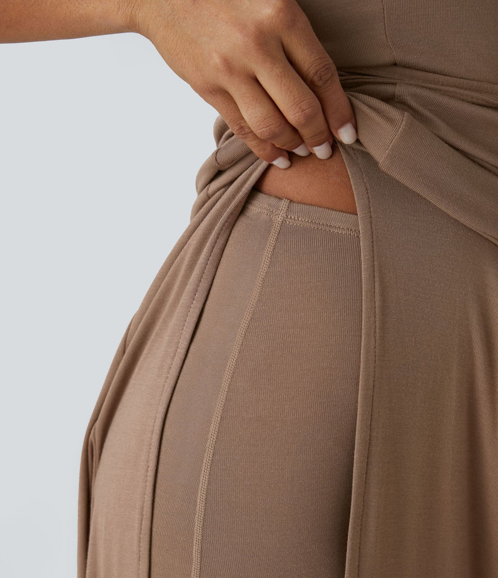 Robe Casual Midi 2 Pièces Capuche Col Montant Sans Manches Fendue avec Découpe Dos Nœud Côtelée