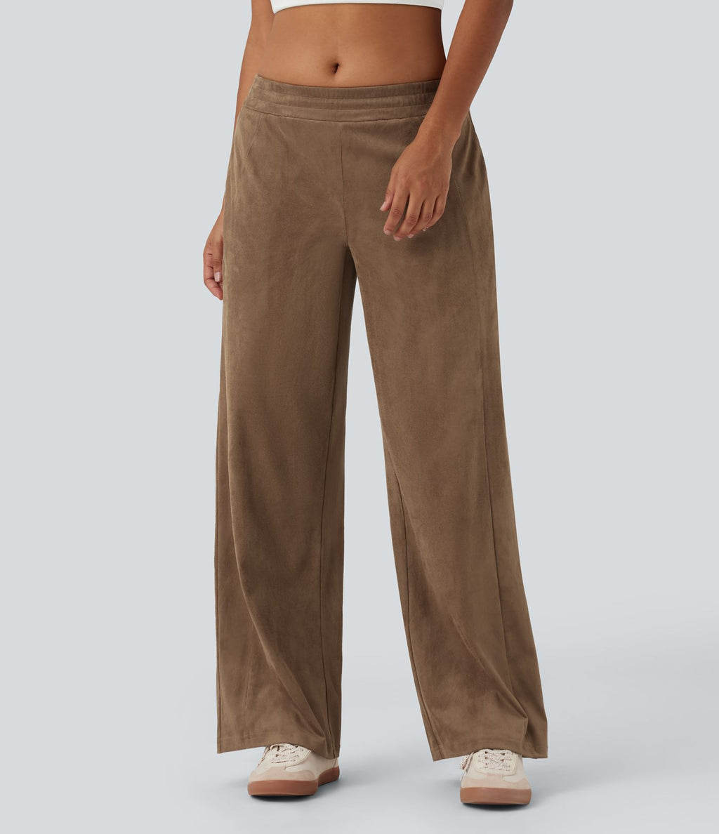 Pantalon ample décontracté suédine taille mi-haute avec poches