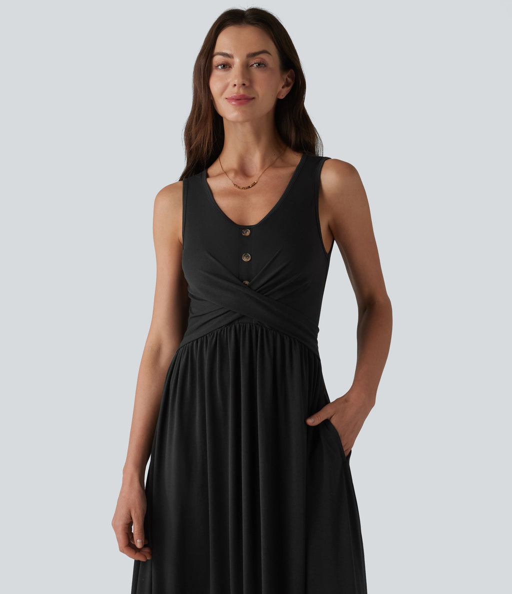 Robe longue fluide décontractée à col en U, sans manches et croisée, avec poches