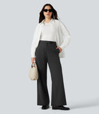 Pantalon tailleur rayé coupe droite taille haute avec poches