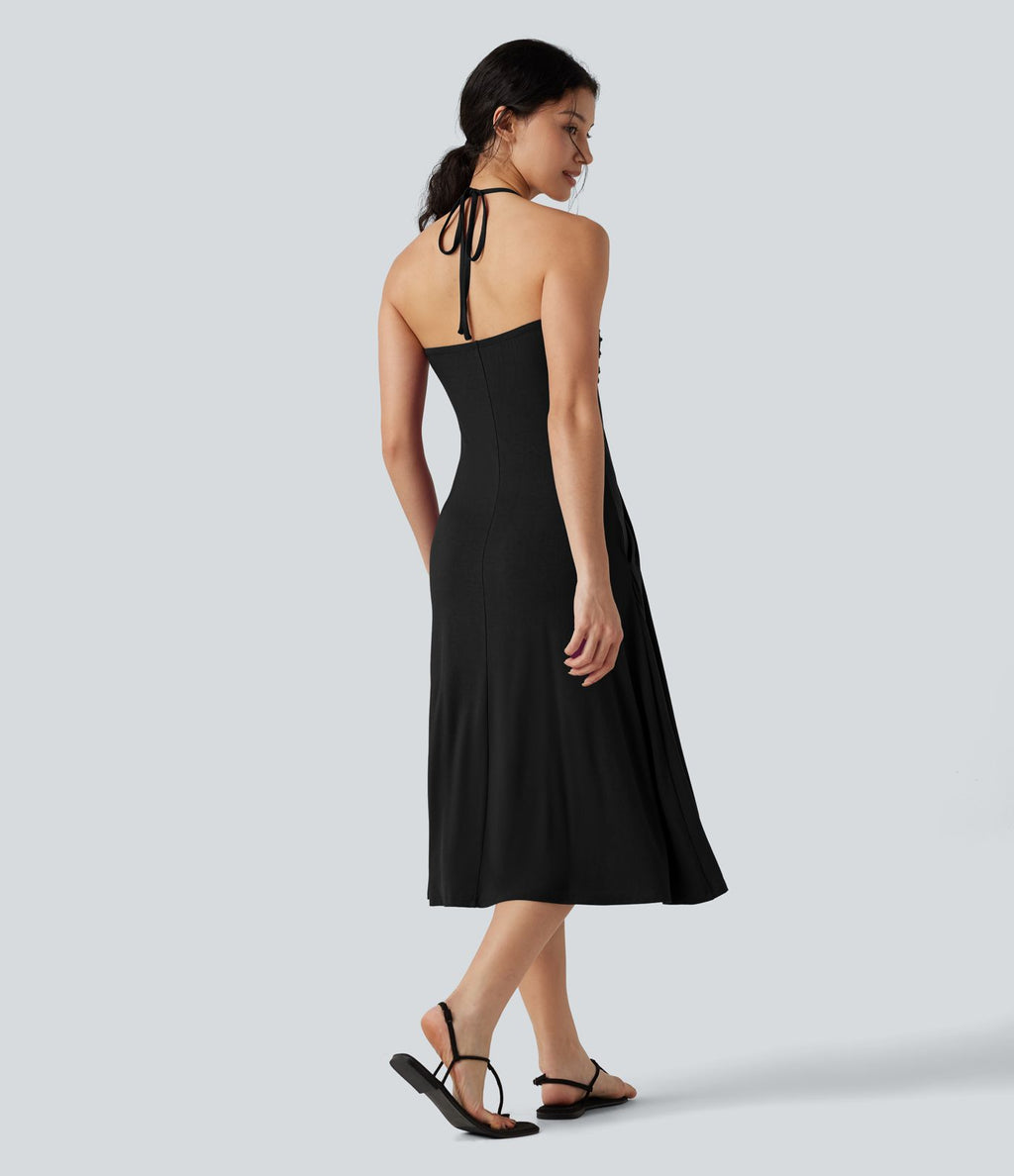 Robe midi trapèze dos-nu à nouer, à poches