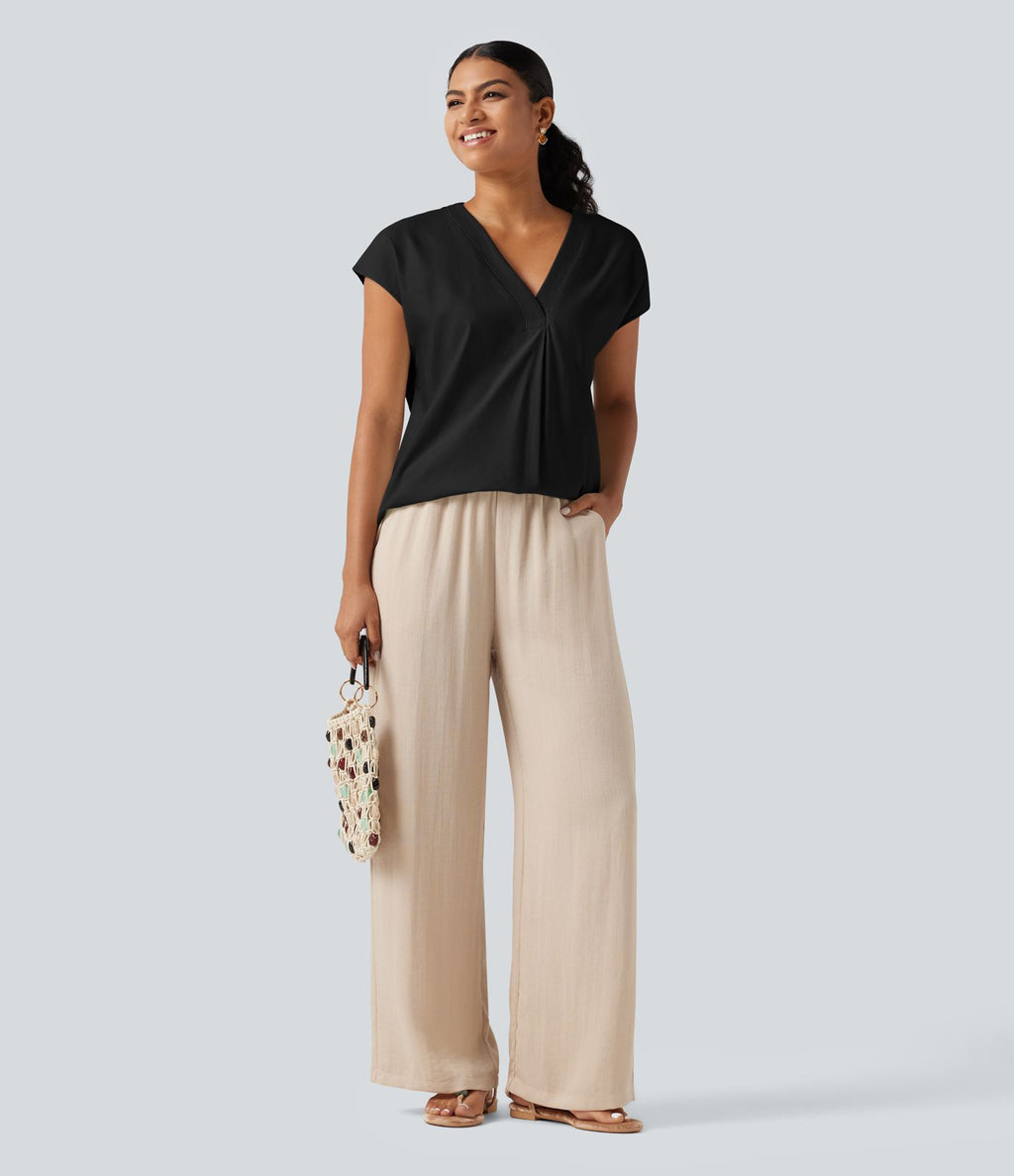 Blouse décontractée col V à mancherons en coton et lin