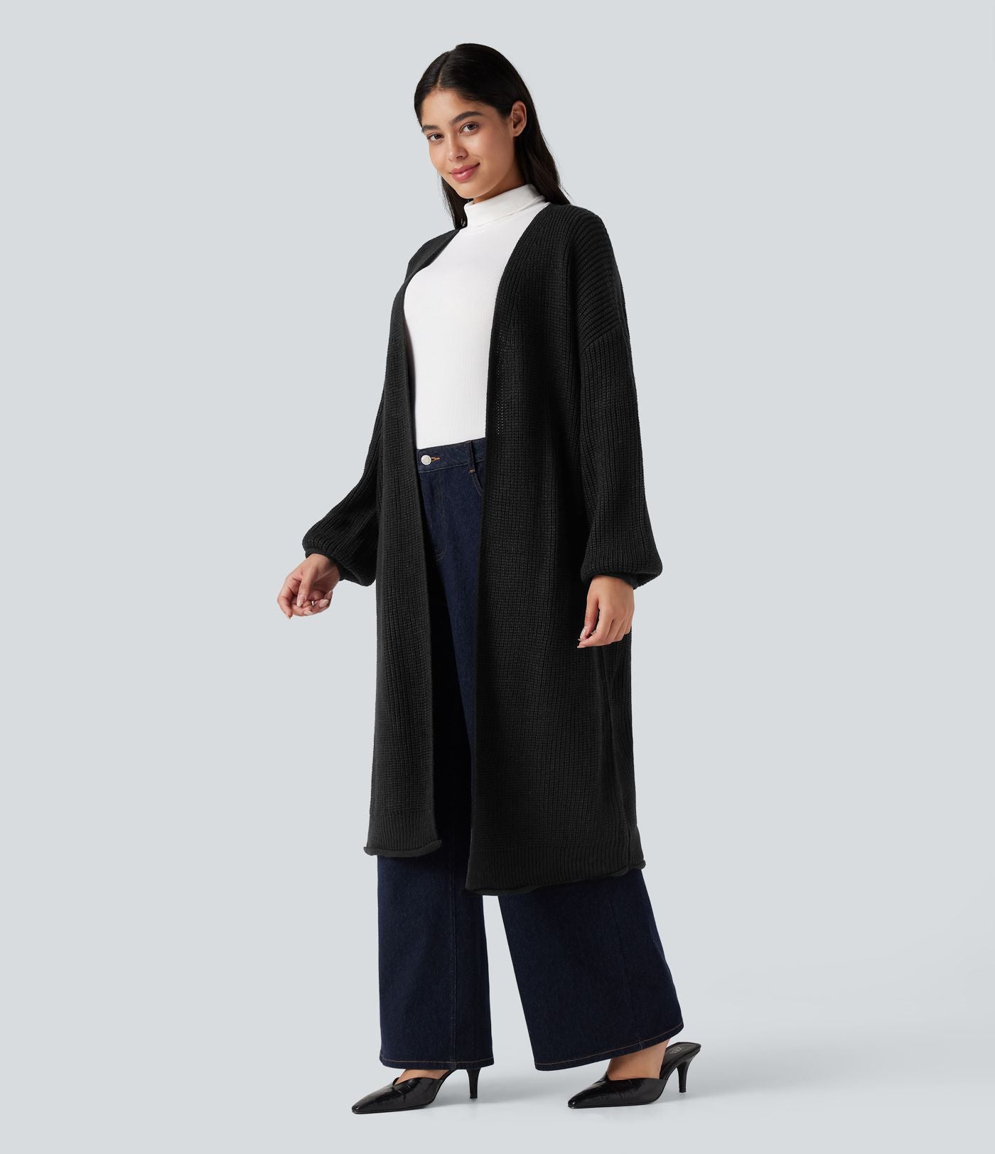 Cardigan de travail tricot ouvert manches longues coupe longue