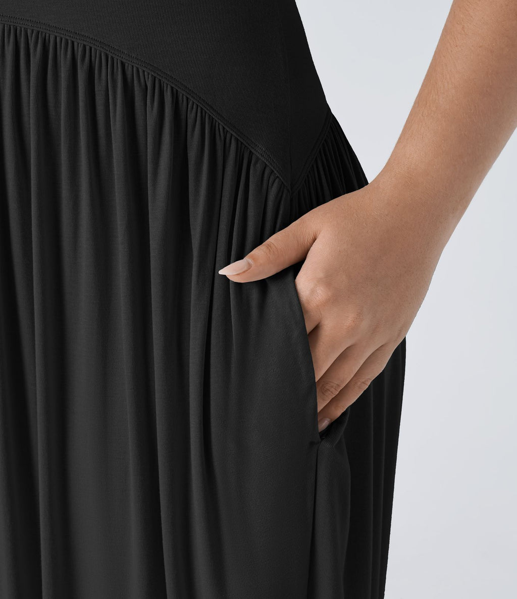 Combinaison Casual Grande Taille à Dos Nu en Tube Côtelé avec Poches Latérales Plissées