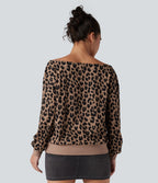 Sweat-shirt gaufré imprimé léopard une épaule manches longues avec poches