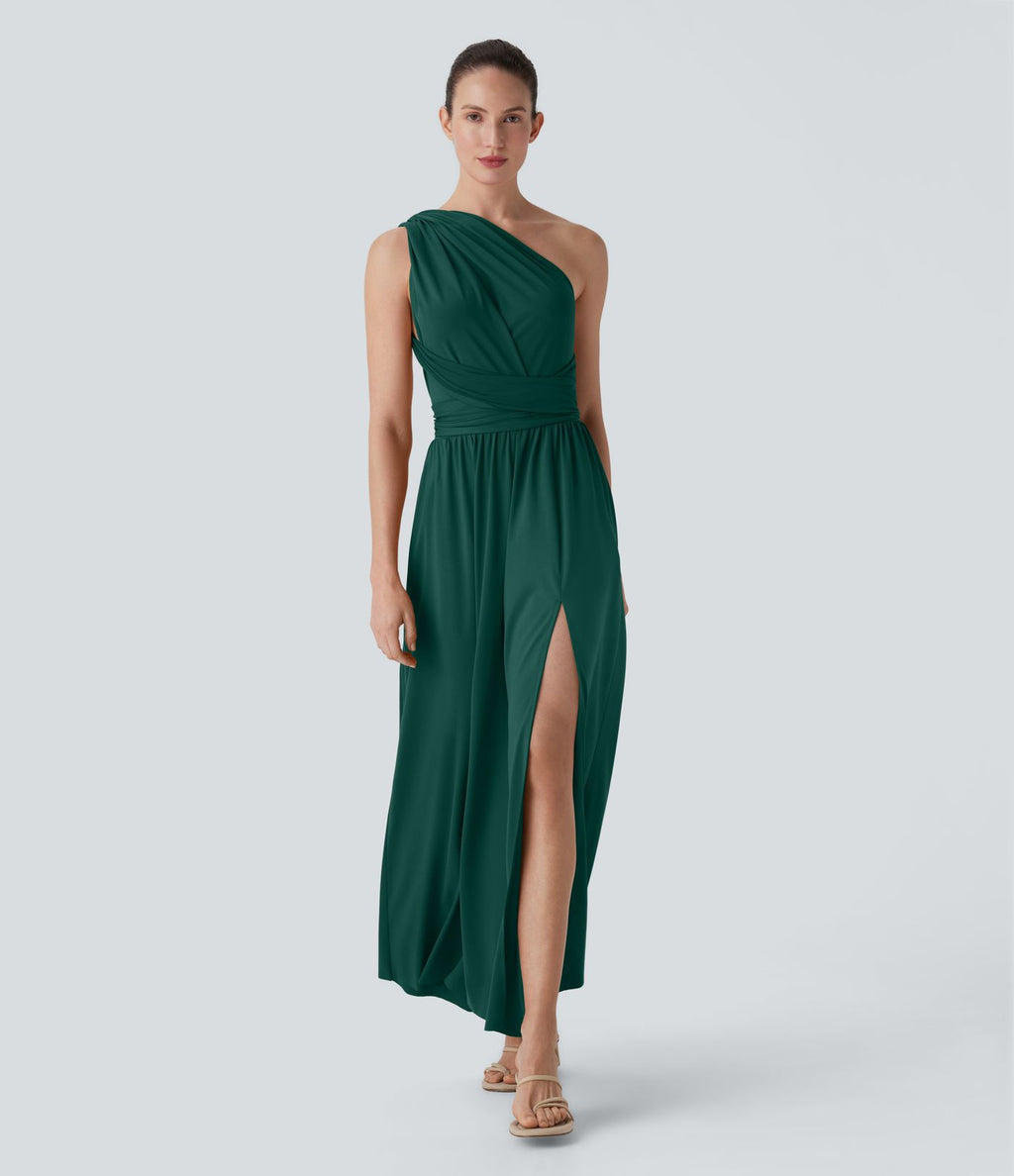 Robe longue de soirée col V, manches courtes, dos croisé à nouer, fendue avec poche latérale