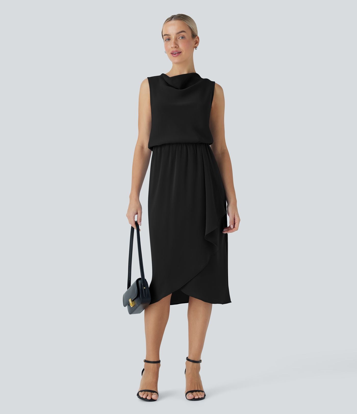 Robe midi de voyage défroissage facile, col bénitier, ourlet croisé et poches