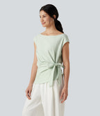 Blouse casual col bateau en mélange de lin à [manches cap] nouée sur le côté