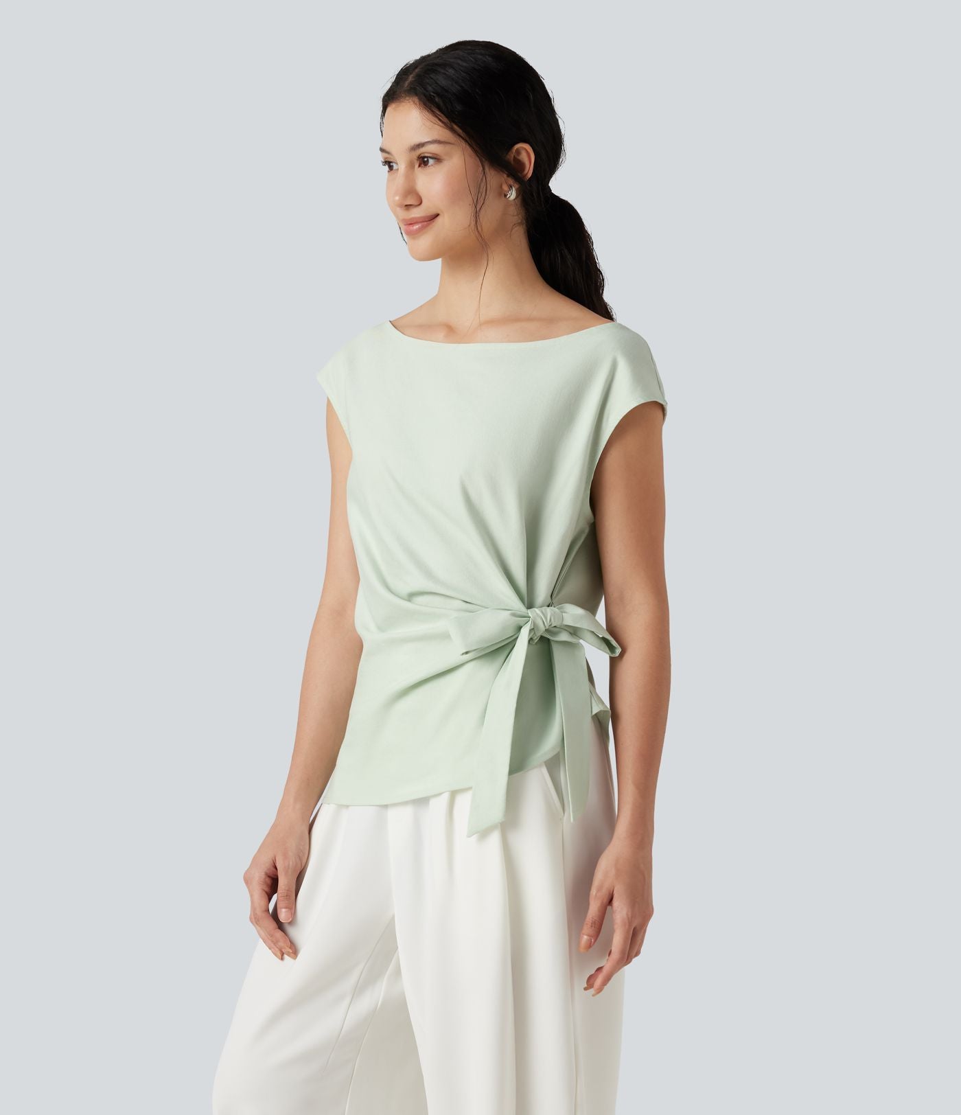 Blouse casual col bateau en mélange de lin à [manches cap] nouée sur le côté