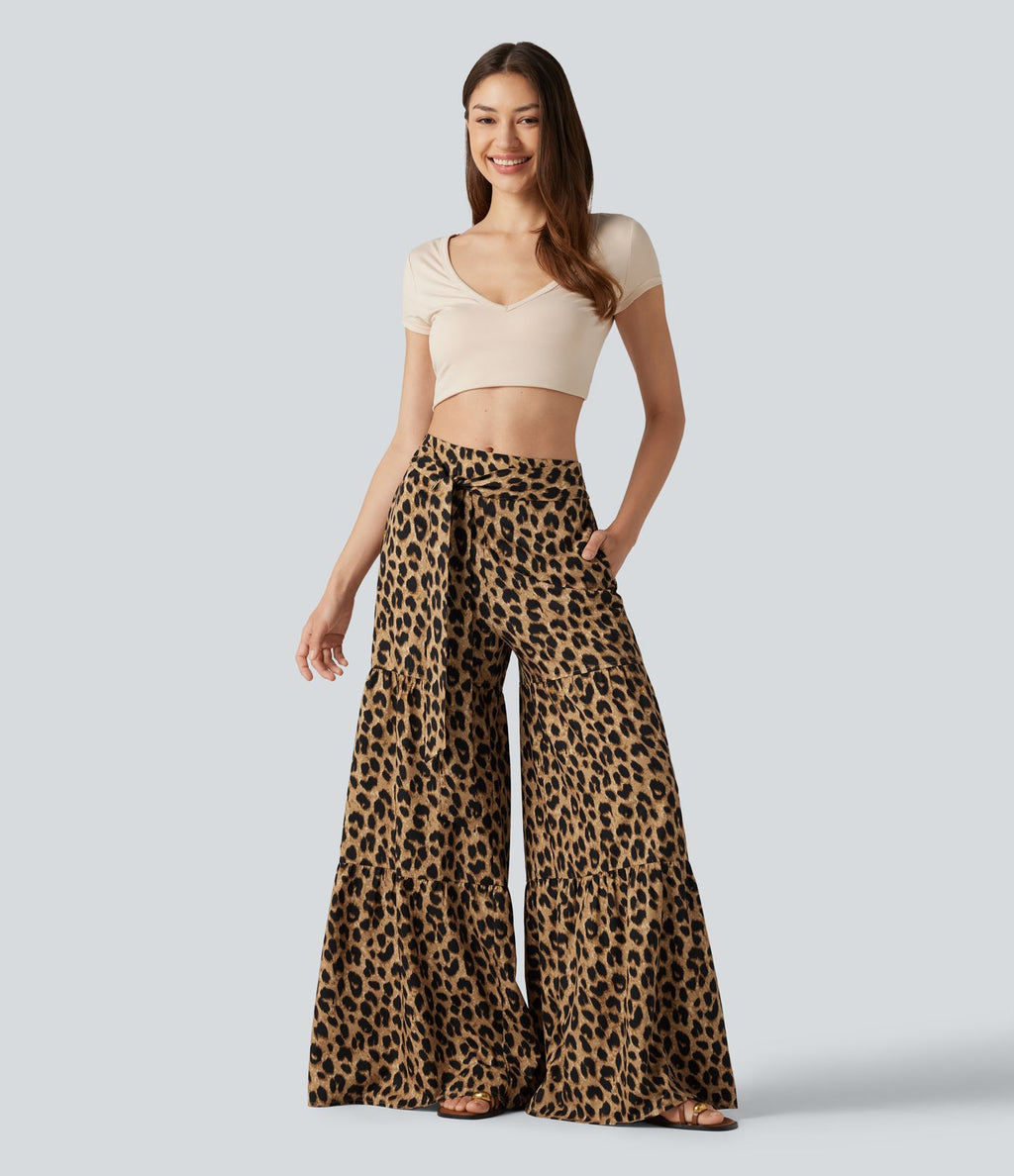 Pantalon ample décontracté taille mi-haute avec nœud devant imprimé léopard avec poches