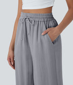 Pantalon décontracté aspect lin 7/8 à taille haute, jambe large avec cordon de serrage et poches latérales