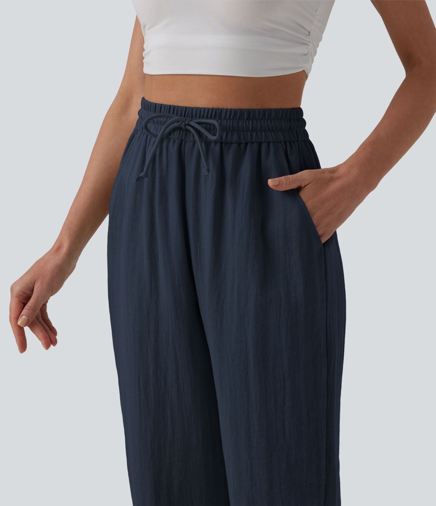 Jogging casual large ample taille haute aspect lin à cordon de serrage avec poches