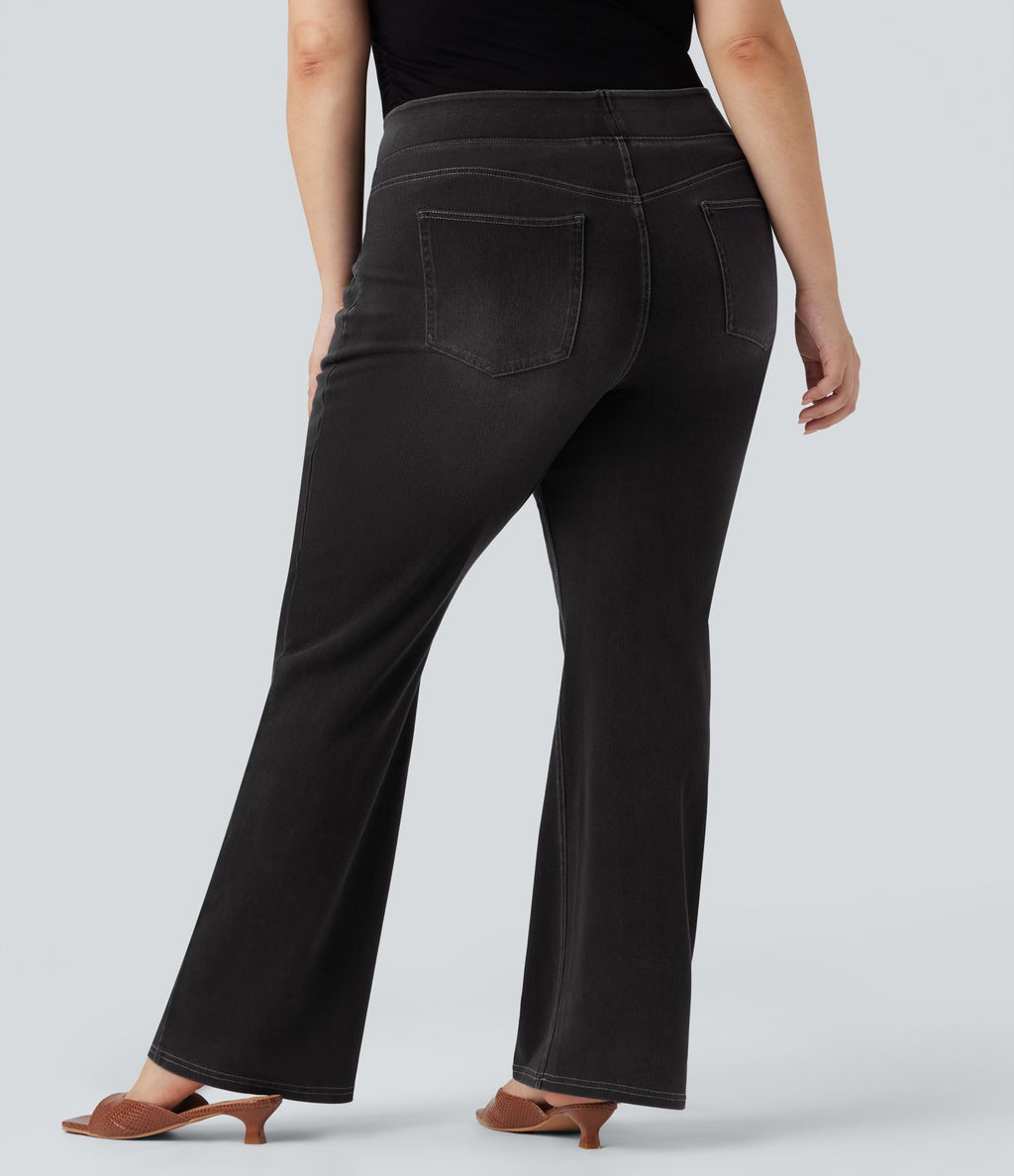Jean décontracté Halara Flex™ grande taille bootcut taille haute en maille extensible délavée avec multiples poches