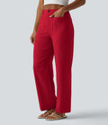 Pantalon taille haute coupe droite effet lin avec poches