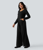 Combinaison-pantalon ample décontractée dos nu col rond à manches longues avec poches