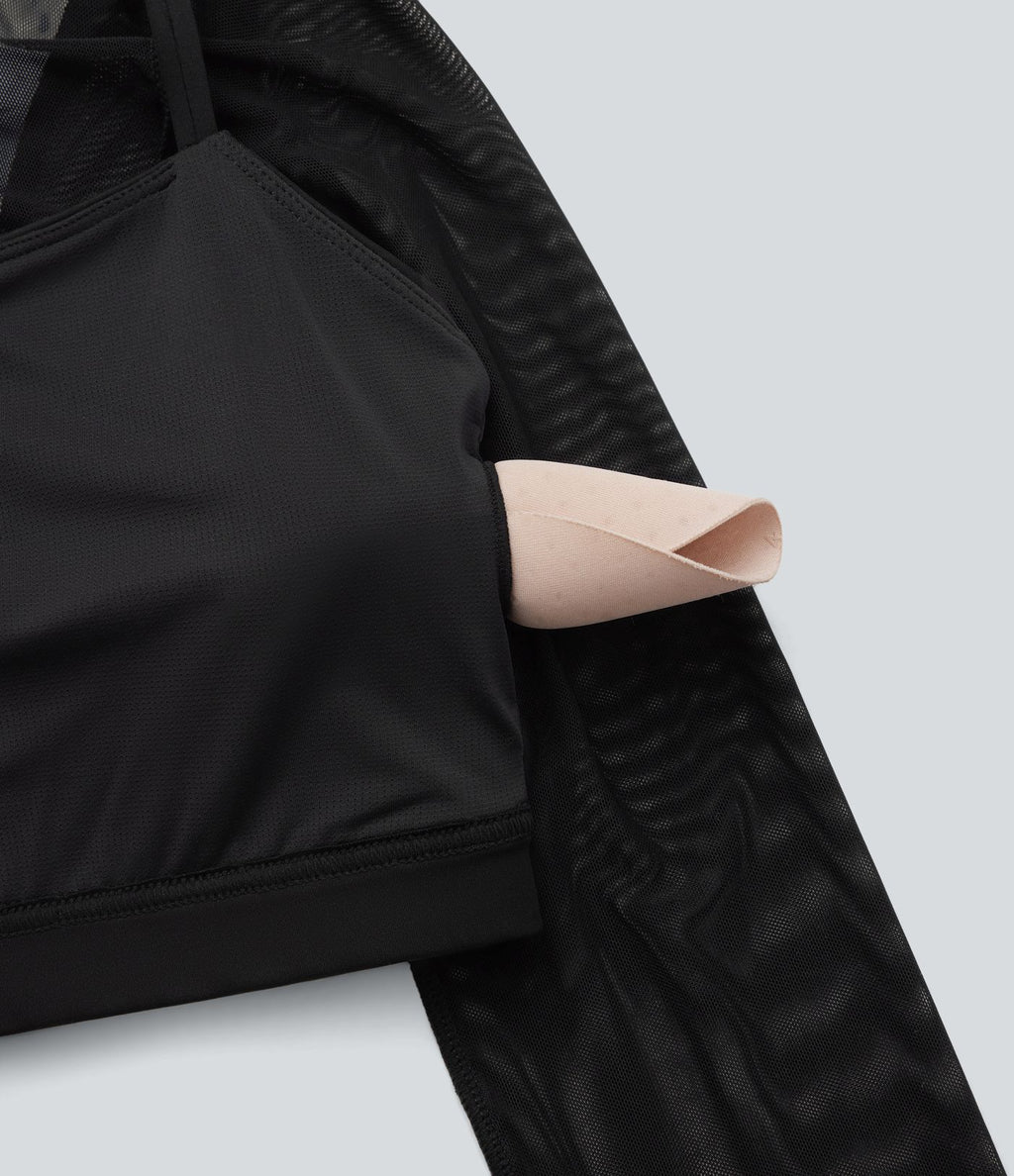 Haut de sport yoga crop top 2-en-1 avec col licou, dos nu, manches longues, passe-pouces et mesh contrastant