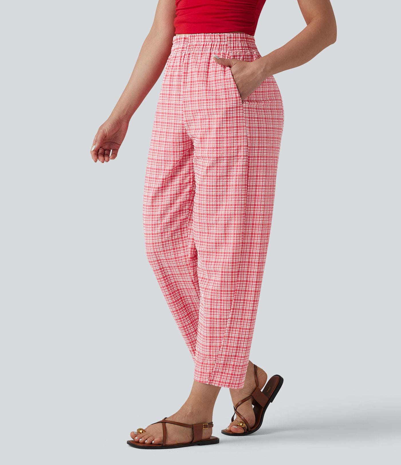 Pantalon décontracté à carreaux froissés taille haute avec poches