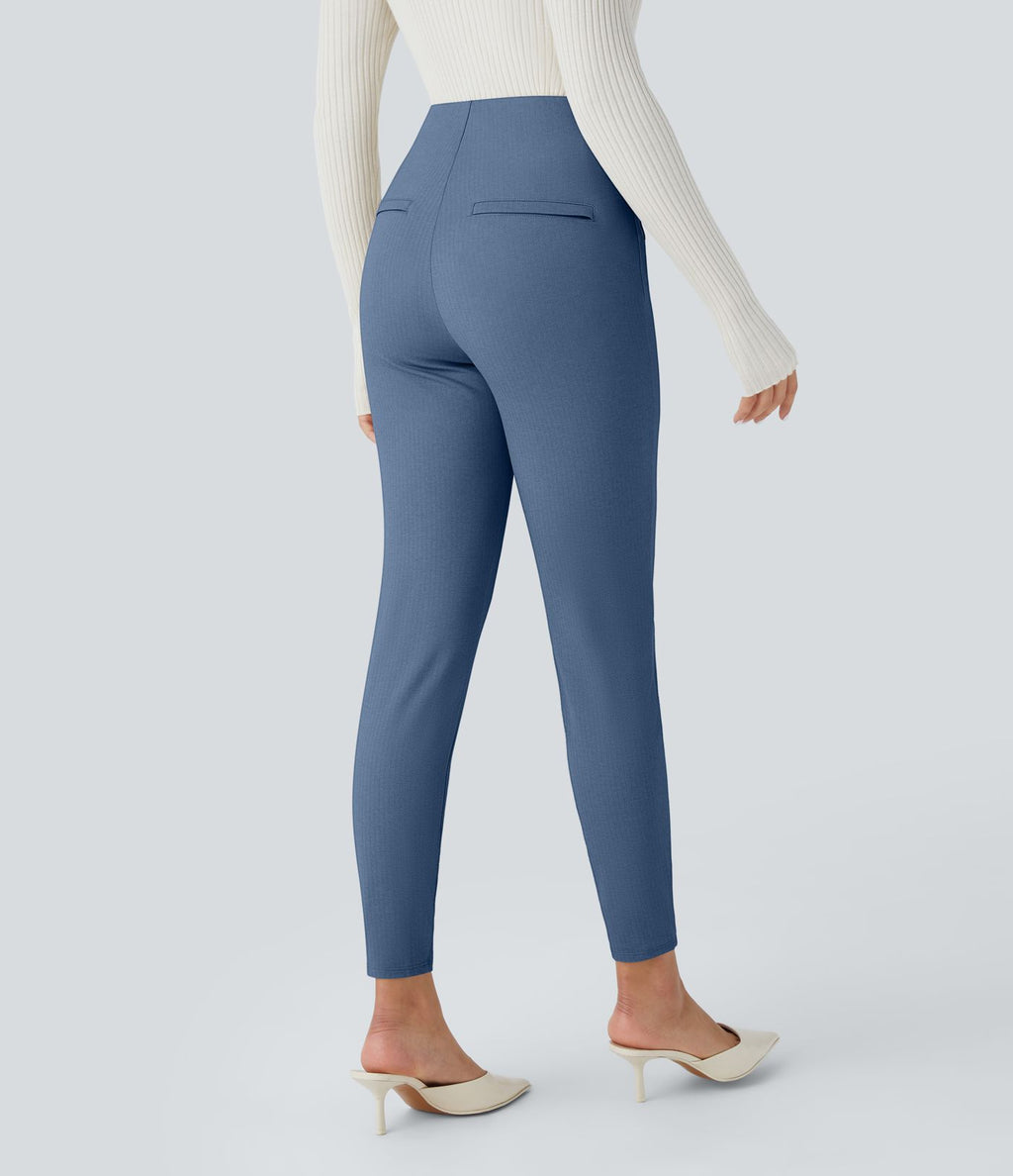 Pantalon tailleur skinny gainant taille haute à chevrons avec poches arrière zippées décoratives
