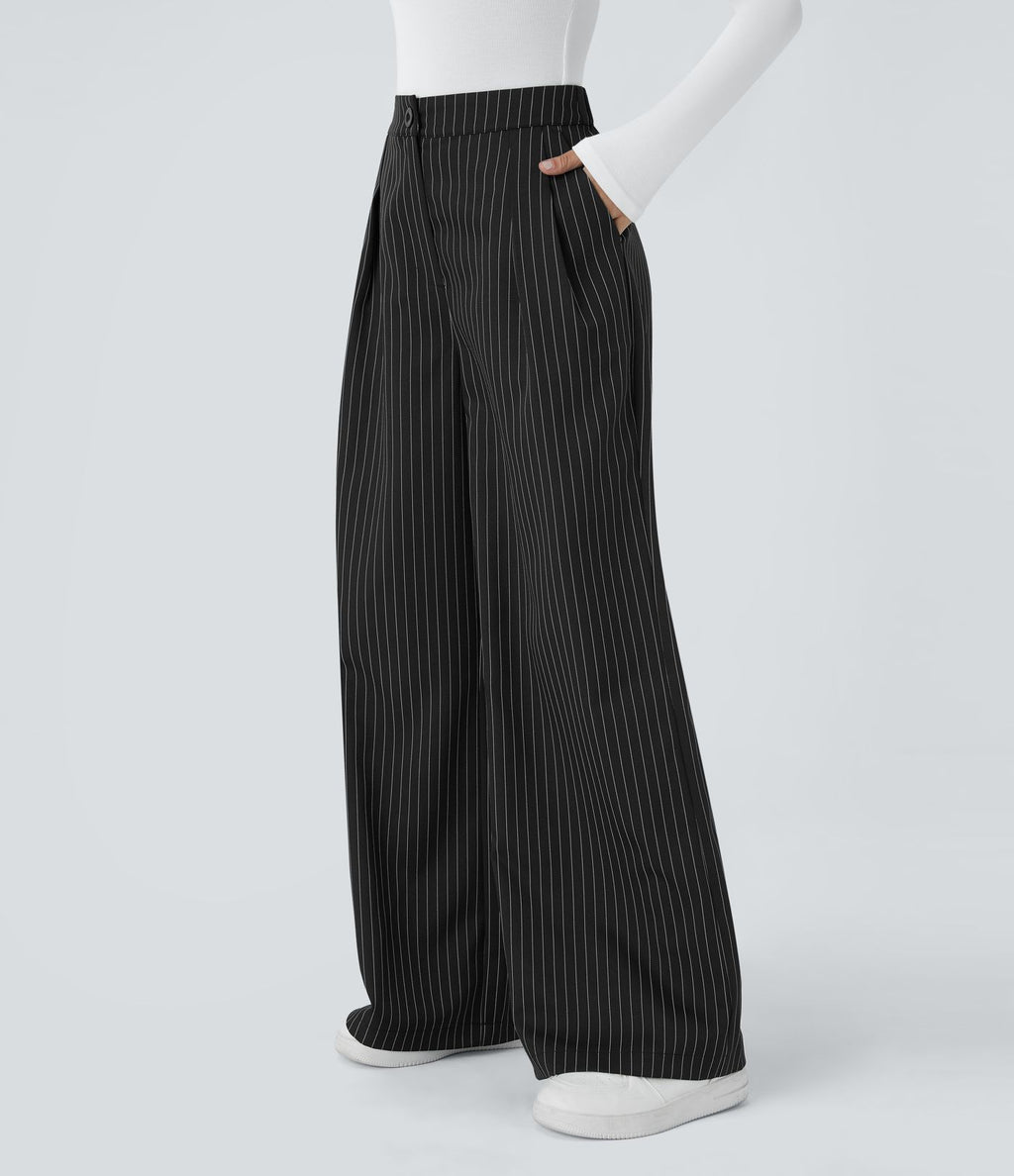 Pantalon Tailleur Large Fluide à Rayures, Taille Haute, Bouton et Fermeture Éclair, Poches Latérales
