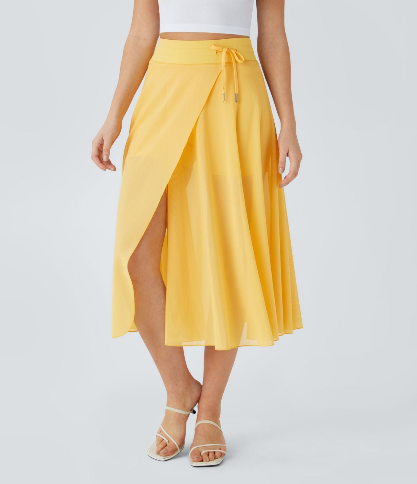 Jupe Casual Évasée Mesh Mi-Longue Fuide 2 en 1 Contrastée Taille Haute Cordon Poche Latérale