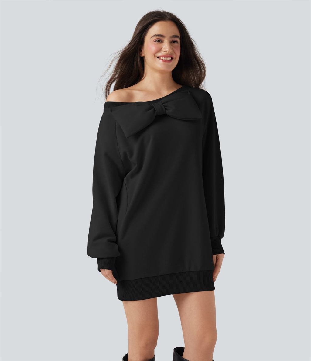 Sweat-shirt coton col bateau nœud manches longues avec poches