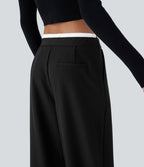 Pantalon décontracté jambe large bicolore double épaisseur, taille basse avec poches latérales