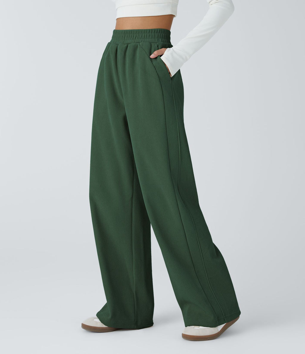 Pantalon velours côtelé de jogging décontracté à taille haute avec poches latérales