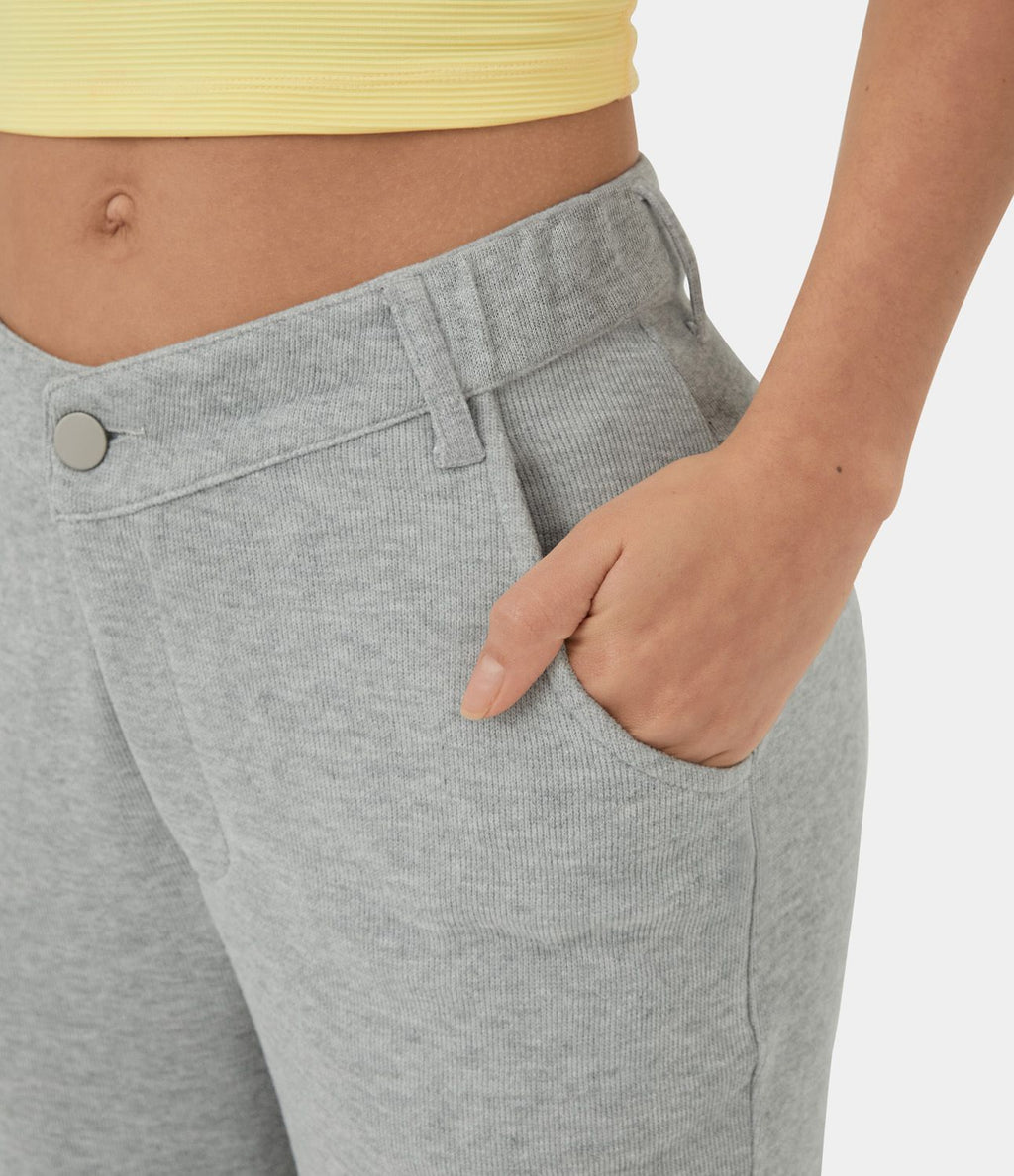 Pantalon Survêtement Coton Casual Évasée Taille Mi-Haute Ceinture Forme V Boutonnés Fermeture Éclair Poches